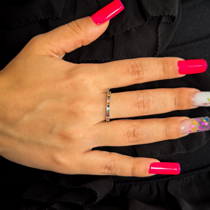 Inel aur galben 14K cu pietre zirconia curcubeu – model Tennis colorat [2]