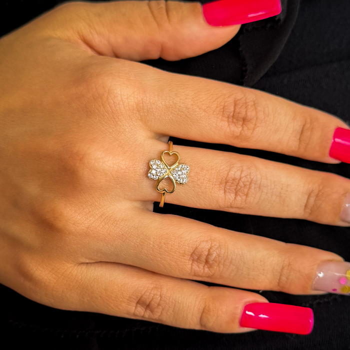 Inel trifoi norocos din aur galben 14K cu zirconia – GOLD PIC [2]