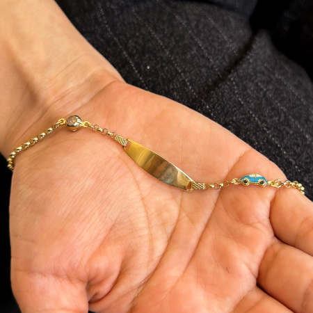 Brățară băieți aur galben 14K cu mașinuță albastră și plăcuță de gravat [1]