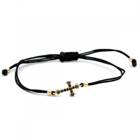 Bratari - Brățară Blessing din aur 14K cu cruce și șnur negru, unisex, ajustabilă