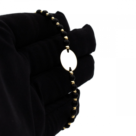 Brățară unisex cu șnur negru, biluțe onix și bănuț din aur galben 14K [2]