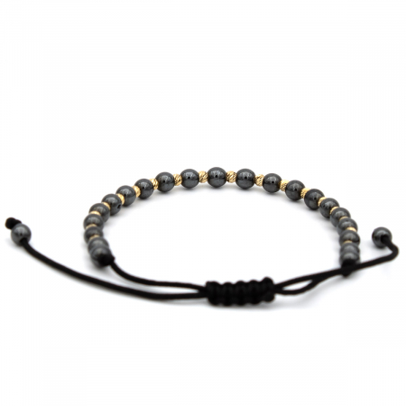 Brățară unisex cu biluțe gri și aur galben 14K – șnur negru ajustabil [7]