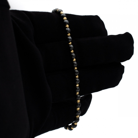 Brățară unisex cu biluțe gri și aur galben 14K – șnur negru ajustabil [2]