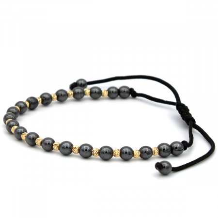 Brățară unisex cu biluțe gri și aur galben 14K – șnur negru ajustabil [5]