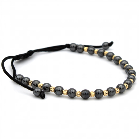 Brățară unisex cu biluțe gri și aur galben 14K – șnur negru ajustabil [6]