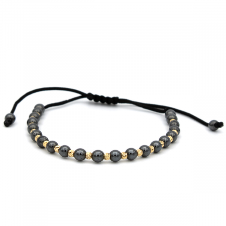 Bratari - Brățară unisex cu biluțe gri și aur galben 14K – șnur negru ajustabil