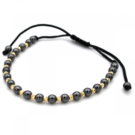 Brățară unisex cu biluțe gri și aur galben 14K – șnur negru ajustabil [3]