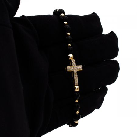 Brățară cu cruce din aur 14K, bile onix și zirconii – model Faith Glow [2]