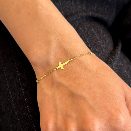Brățară femei aur galben 14K cu cruce simplă și biluțe delicate [1]