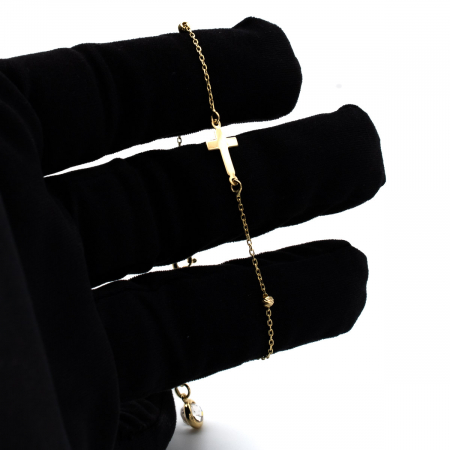 Brățară femei aur galben 14K cu cruce simplă și biluțe delicate [2]