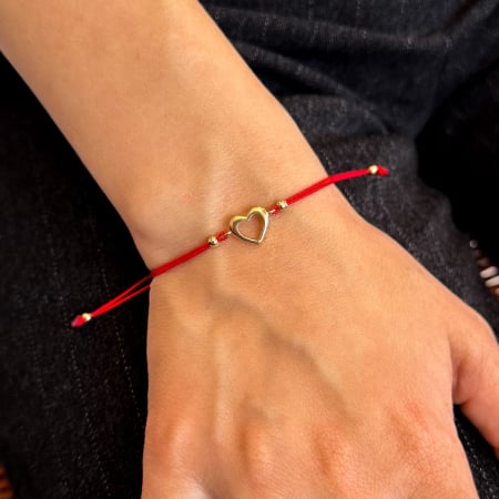 Brățară cu inimă contur din aur galben 14K și șnur roșu [1]