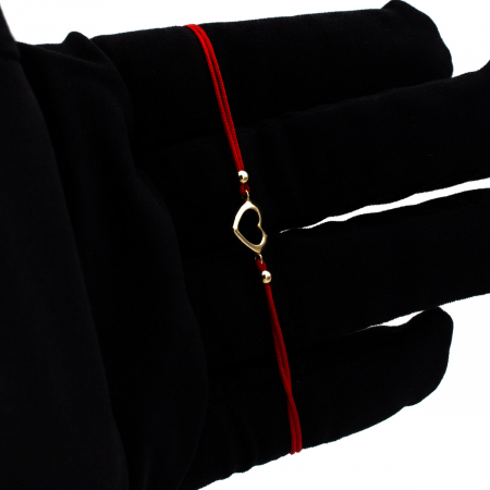 Brățară cu inimă contur din aur galben 14K și șnur roșu [2]