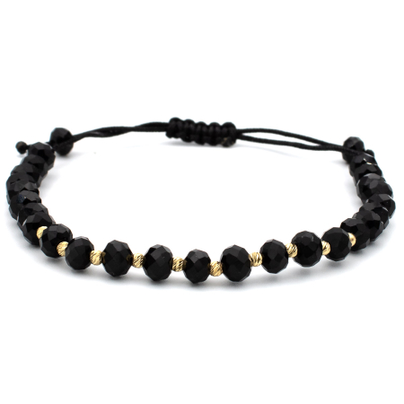 Bratari Aur 14k - Brățară Onyx cristale negre fațetate aur 14K șnur negru ajustabil
