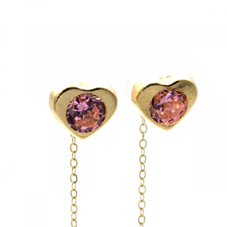 Cercei aur 14K cu inimă și piatră roz – model Pink Heart cu lanț [3]