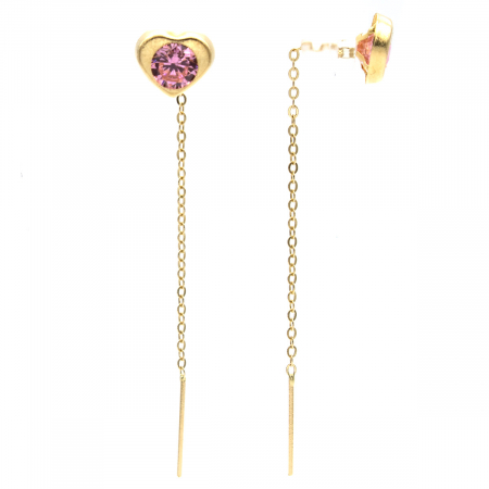 Cercei aur 14K cu inimă și piatră roz – model Pink Heart cu lanț [1]