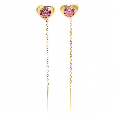 Cercei - Cercei aur 14K cu inimă și piatră roz – model Pink Heart cu lanț