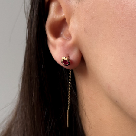Cercei aur 14K cu floare roșie și lanț delicat – model Red Bloom [2]