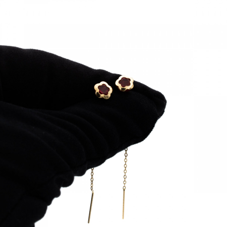 Cercei aur 14K cu floare roșie și lanț delicat – model Red Bloom [4]