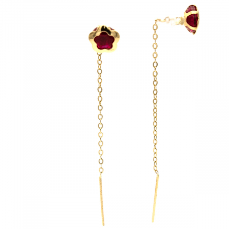 Cercei aur 14K cu floare roșie și lanț delicat – model Red Bloom [1]