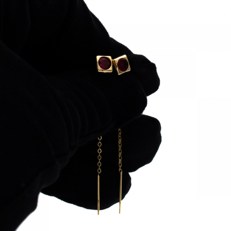 Cercei Ruby din aur 14K cu zirconia roșie și lanț lung [3]