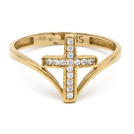 Inele - Inel elegant din aur galben 14K cu cruce și zirconii albe – GOLD PIC