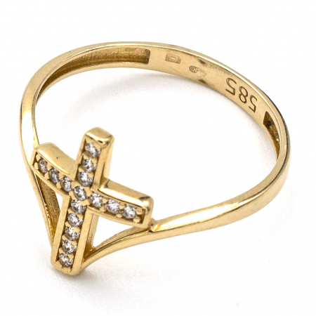 Inel elegant din aur galben 14K cu cruce și zirconii albe – GOLD PIC [3]