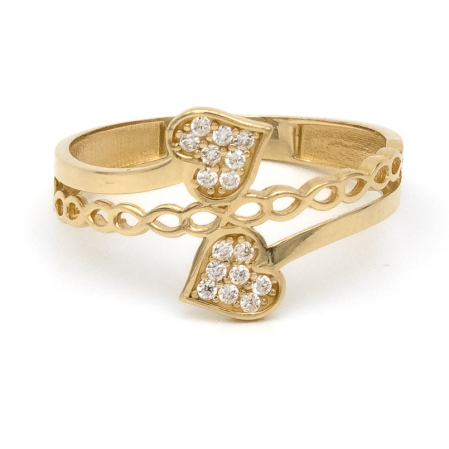 Inel aur galben 14K cu două inimi si zirconia –  GOLD PIC [0]