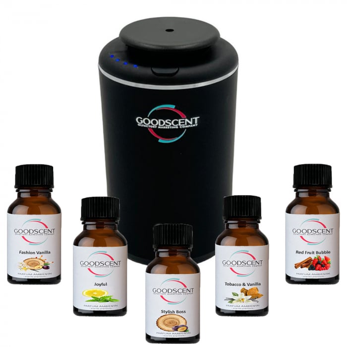 PACHET: Aparat profesional parfumare Good Scent Aroma Car Diffuser, cu baterie interna, negru  si 5 rezerve incluse