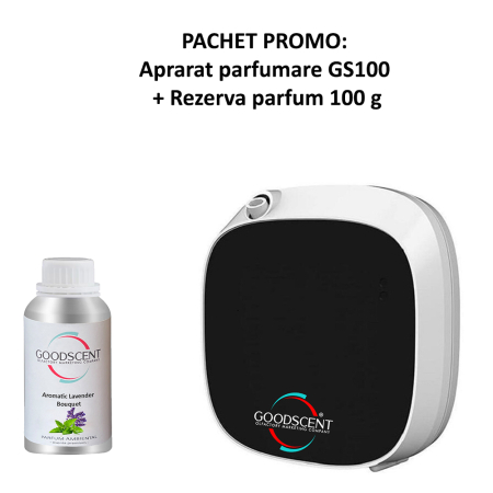 Odorizante Profesionale - PACHET: Aparat profesional Parfumare spatii Good Scent GS 100, culoare alb si negru cu rezerva inclusa