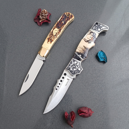 Outdoor și Camping - Set Cadou: Briceag Tradițional Cerb Carpatin + Briceag EDC, Imitație Corn de Cerb (CBSET-4)