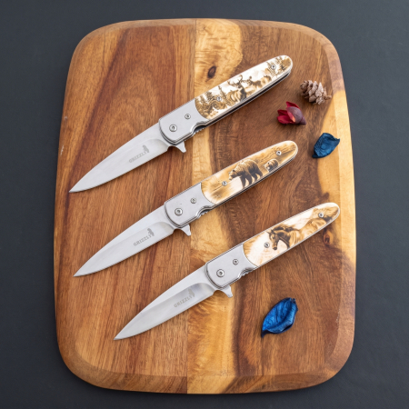 Outdoor și Camping - Set 3 Bricege EDC Grizzly Model Urs, Cal, Cerb Lamă 8.5 cm Oțel inoxidabil