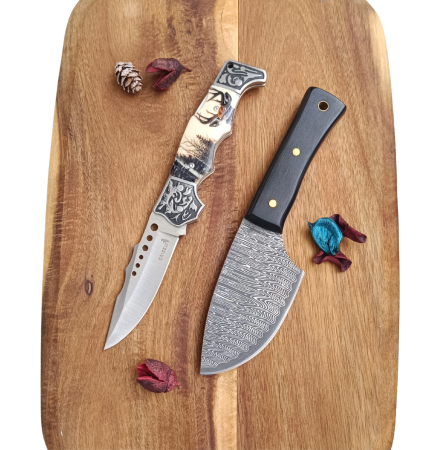 Outdoor și Camping - Set Cadou Premium Cutit Jupuit Full Tang si Briceag Cerb cu Teaca Piele