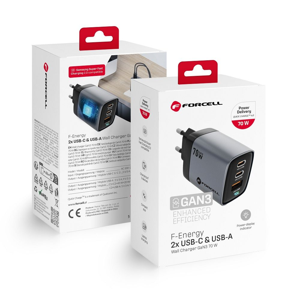 Încărcător rețea Forcell F-Energy GaN III 70W, 2x USB-C PD, 1x USB-A, QC 4.0, gri [4]