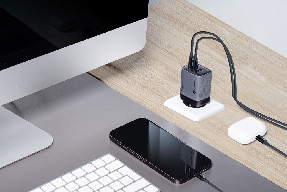 Încărcător rețea Forcell F-Energy GaN III 70W, 2x USB-C PD, 1x USB-A, QC 4.0, gri [2]