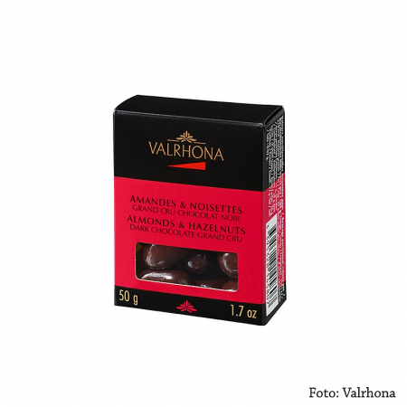 Ciocolata - Bilute de migdale/alune in ciocolata neagra, Valrhona Equinoxe, 50 g