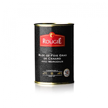 Rata, gasca si foie gras - Bloc de ficat de rata, Rougié, foie gras, cu bucati, rotund, semi-conservat, 400 g