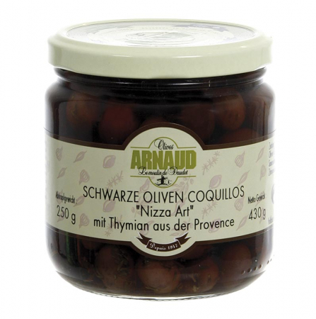 Bacanie - Masline negre Coquillos, cu samburI, cu cimbru, in saramura, Arnaud, 430 g
