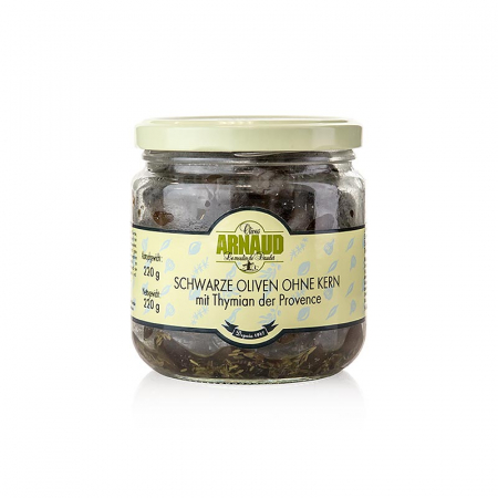 Bacanie - Masline negre fara samburi cu cimbru, in ulei de floarea soarelui, Arnaud, 220 g