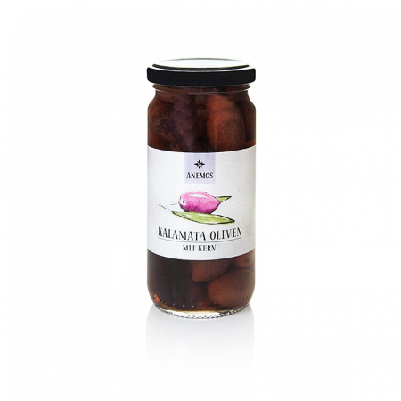 Masline si pasta de masline - Masline negre Kalamata, cu samburi, in saramura, Anemos, 227 g