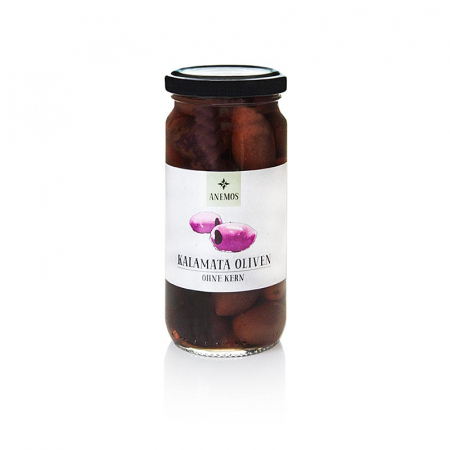 Masline si pasta de masline - Masline negre Kalamata, fara samburi, in saramura, Anemos, 227 g