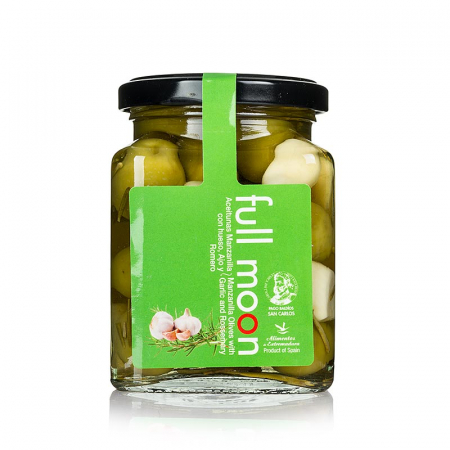 Masline si pasta de masline - Masline verzi, cu samburi, manzanilla, cu usturoi si rozmarin, San Carlos Gourmet, 300 g