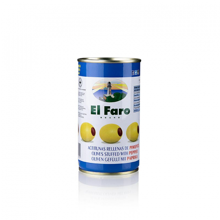 Bacanie - Masline verzi, fara samburi, cu pasta de boia de ardei, in saramura, El Faro, 350 g