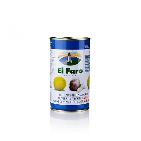 Bacanie - Masline verzi, fara samburi, cu pasta de usturoi, in saramura, El Faro, 350 g
