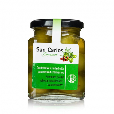 Masline si pasta de masline - Masline verzi, fara samburi, Gordal, cu merisoare caramelizate, San Carlos, 300 g