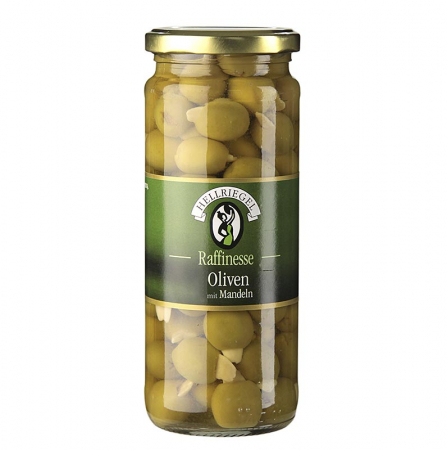 Masline si pasta de masline - Masline verzi fara samburi, umplute cu migdale, in saramura, Hellriegel, 440 g