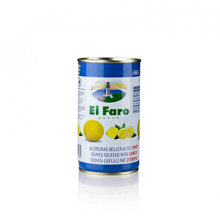 Bacanie - Masline verzi, fara samburi,umplute cu pasta de lamaie, in saramura, El Faro, 350 g