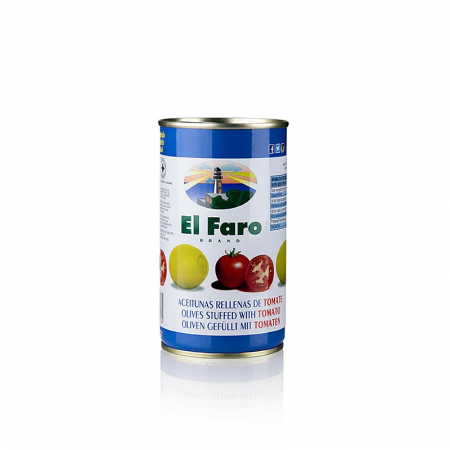 Masline si pasta de masline - Masline verzi, fara samburi, umplute cu rosii, in saramura, El Faro, 350 g
