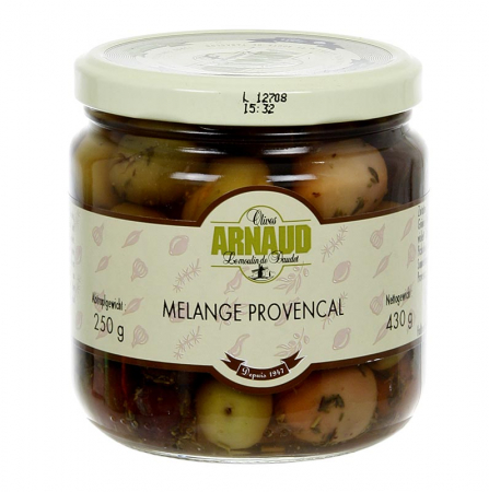 Bacanie - Mix de masline Melange Provencal, cu samburi, cu cimbru, in saramura, Arnaud, 430 g