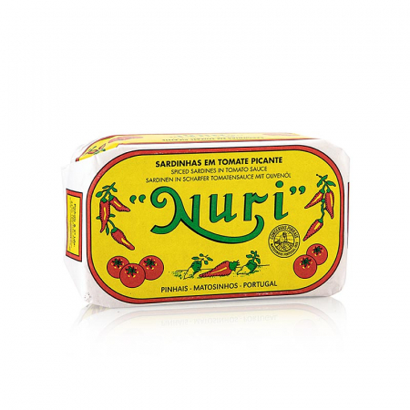 Specialitati din peste - Sardine, intregi, in ulei de masline si sos de rosii picant, 3-5 bucati, Nuri, 125 g