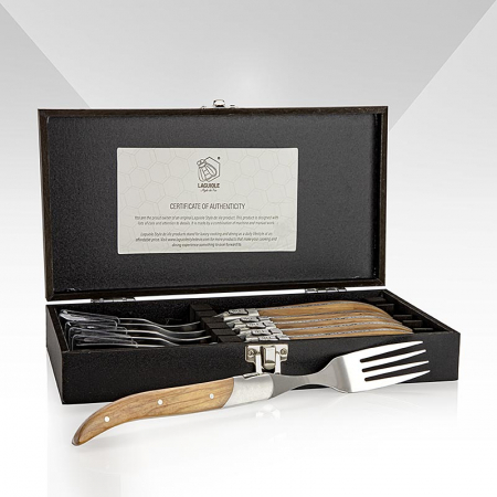 Cutite pentru friptura - Set 6 furculite, maner din lemn de maslin, cutie din lemn, Laguiole